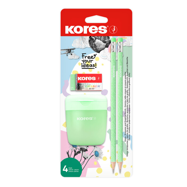 Kores Pastel SET – ořezávátko, 2 tužky, pryž